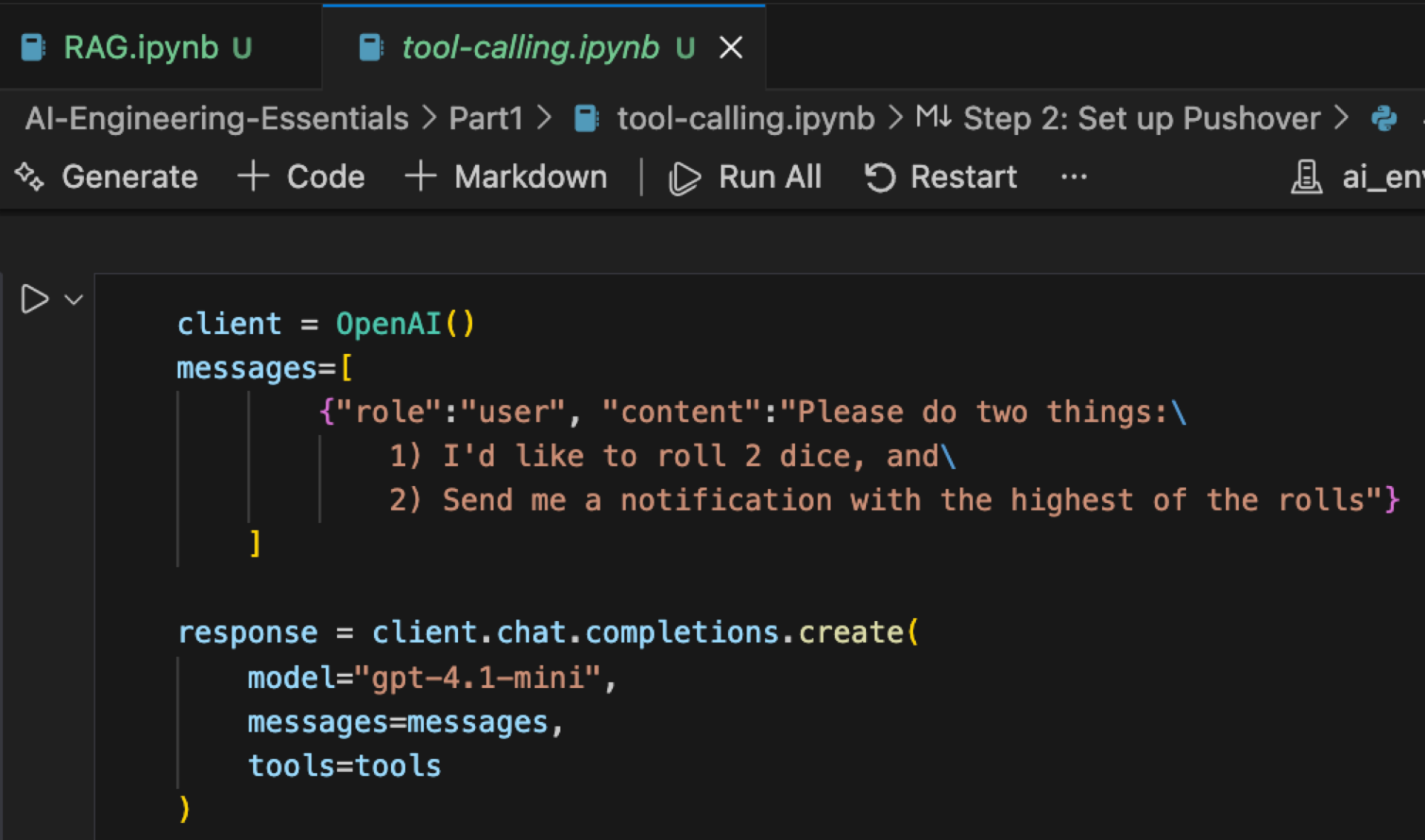 Tool calling code in VS Code
